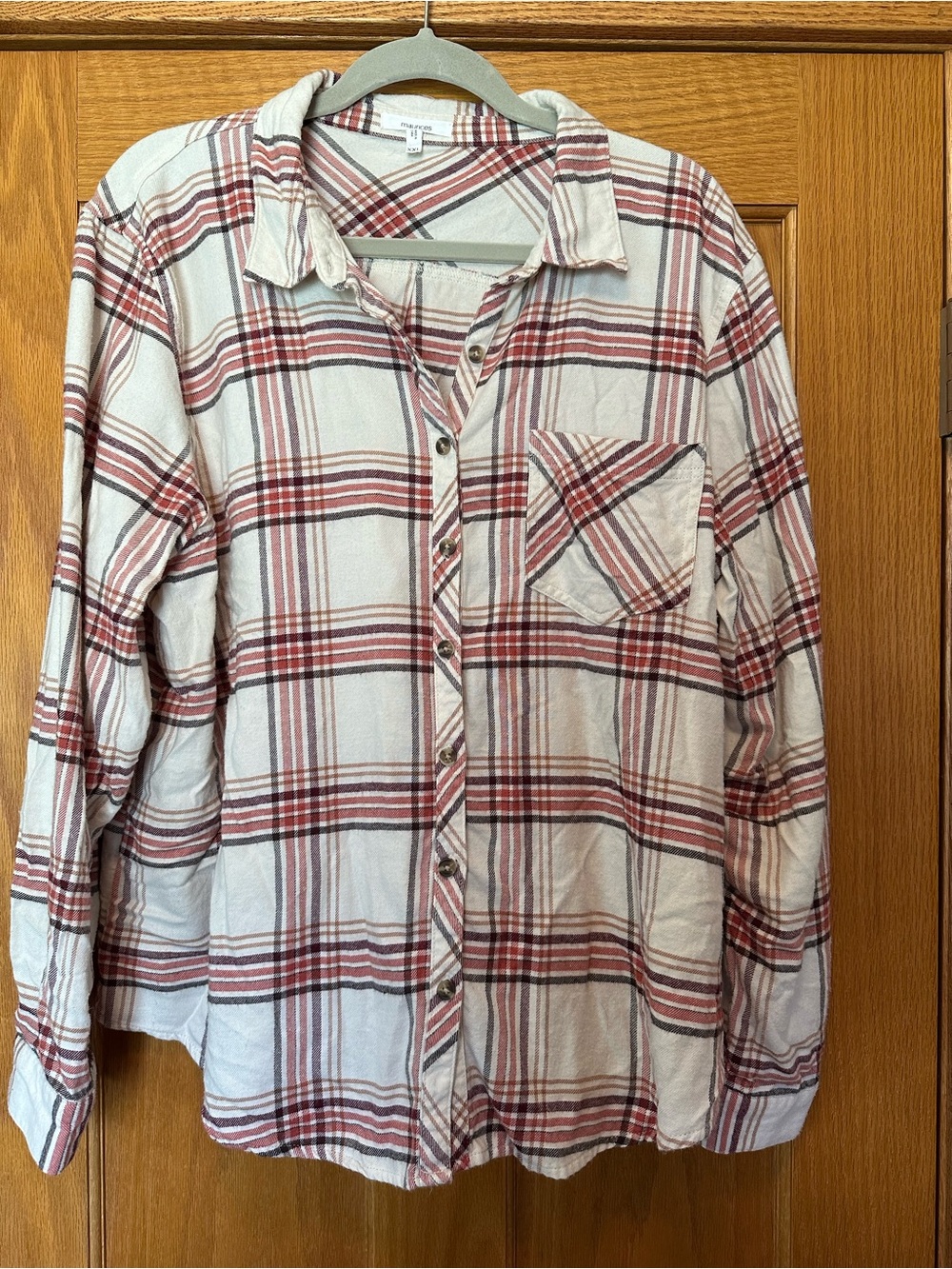 Maurices Plaid Button-Up Shirt in Cream, Reds, and Black